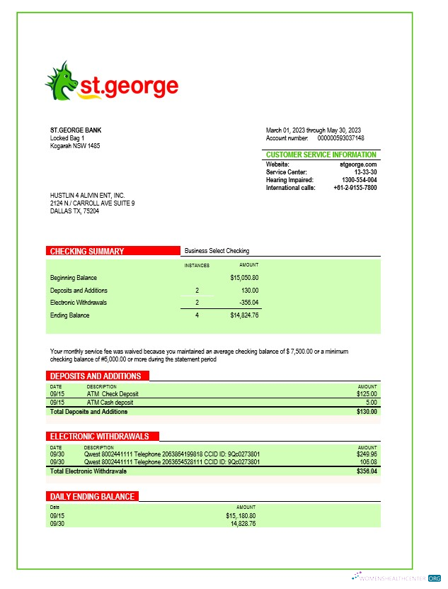 Download St. George Bank organization statement Word and PDF template Photoshop template
